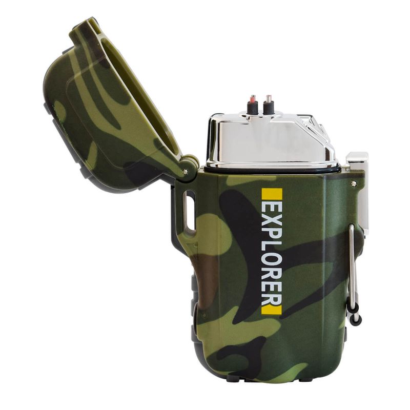 Encendedor electrónico USB con linterna, a prueba de agua, verde camuflaje