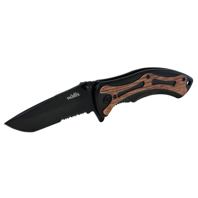 Navaja de bloqueo mango metal negro con tipo madera y clip