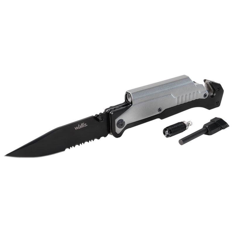 Navaja de bloqueo con mango S.O.S. de metal con clip, LED y pedernal